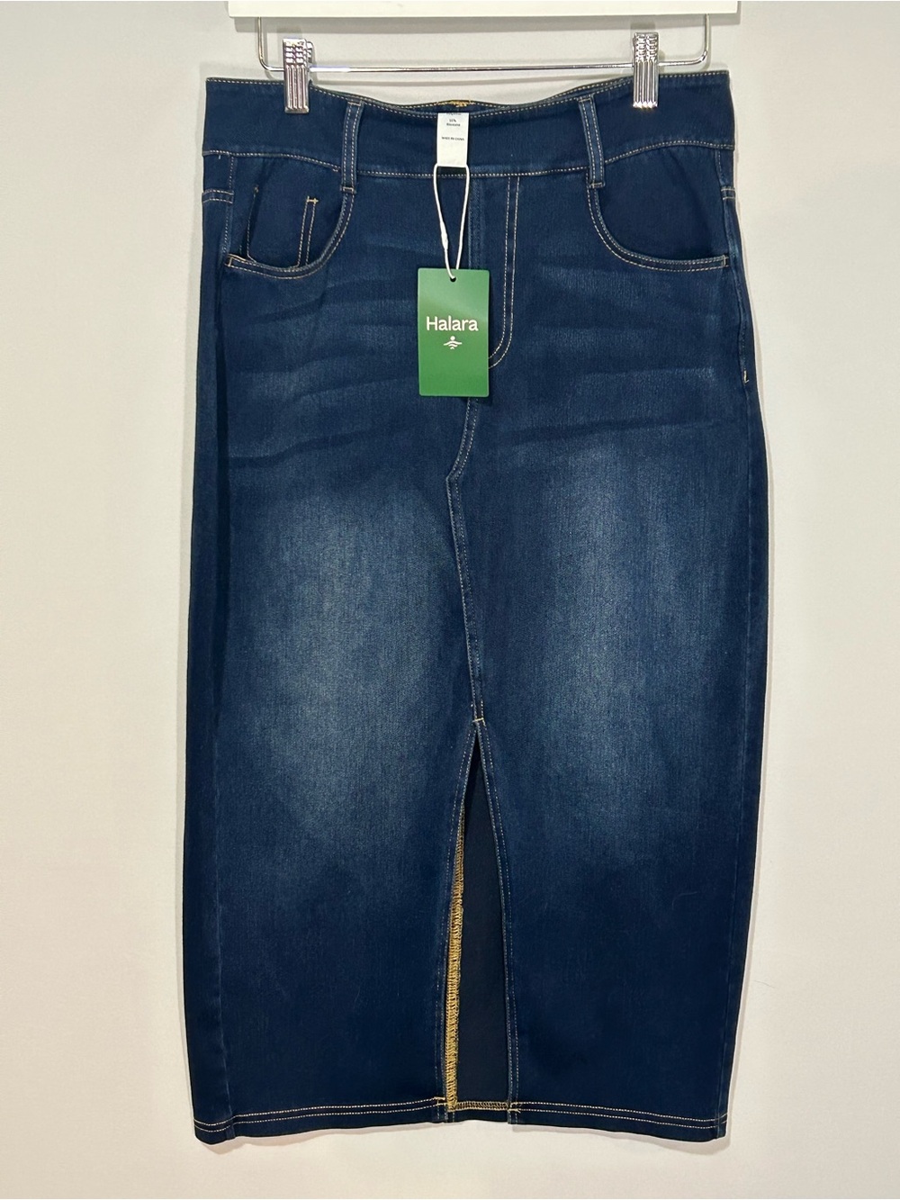 NWT Halara Flex Midi Skirt Dark Indigo Stretch Denim High Rise Medium - Picture 2 of 8